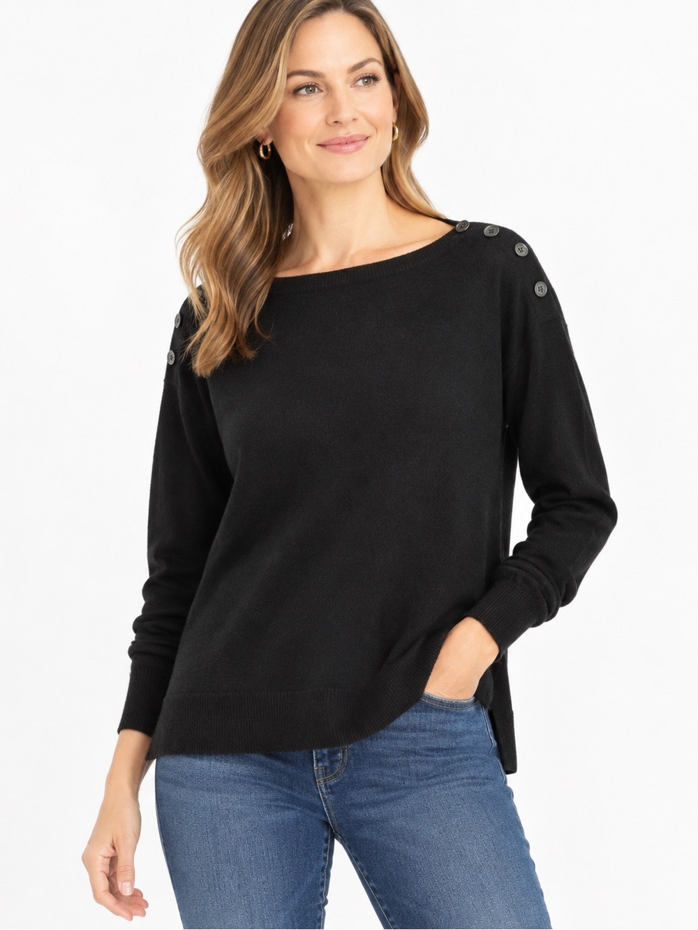 Lauren Ralph Lauren 100% Cashmere Black Boatneck Button Sweater
